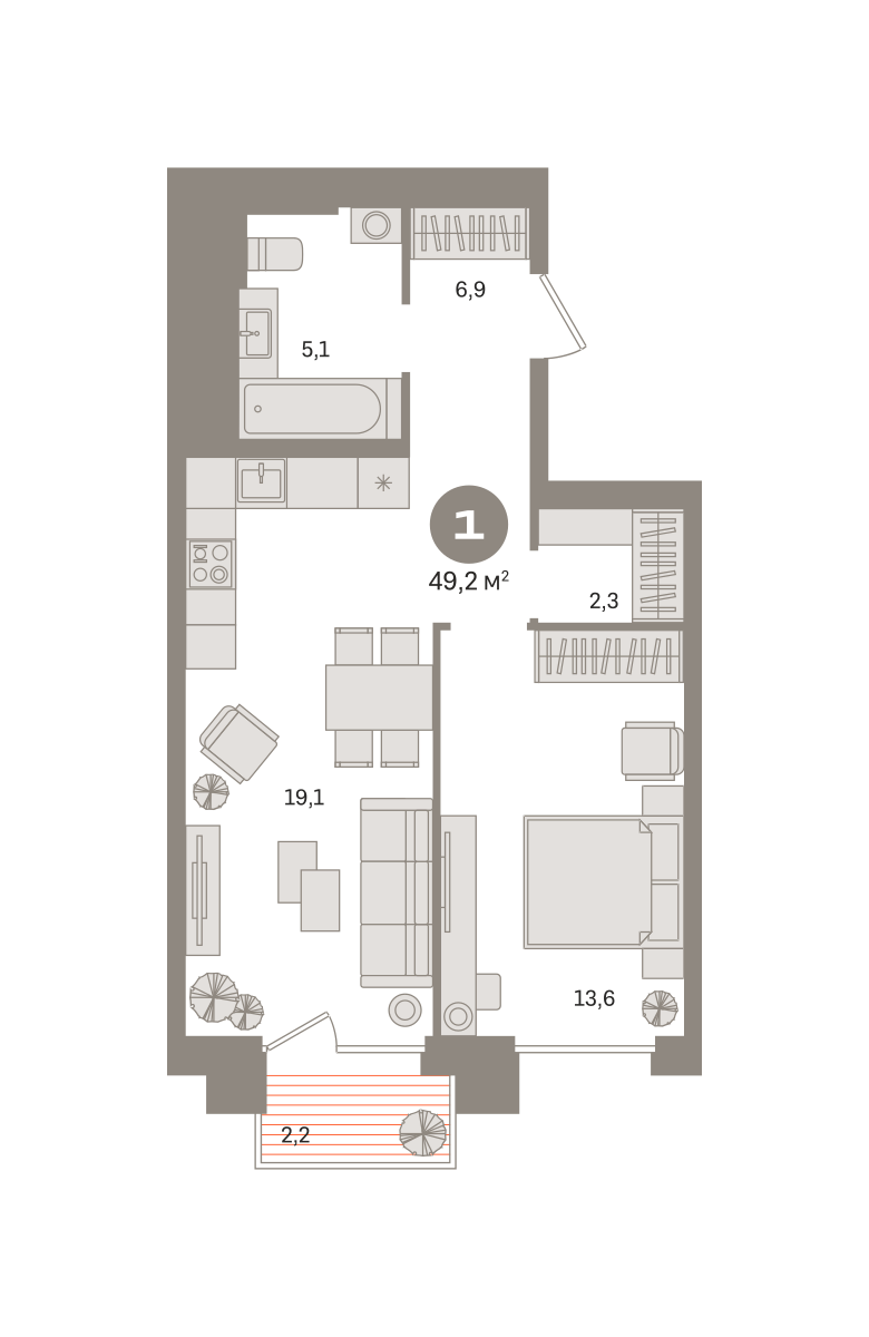 1 комн. Квартира 49.2 кв. м