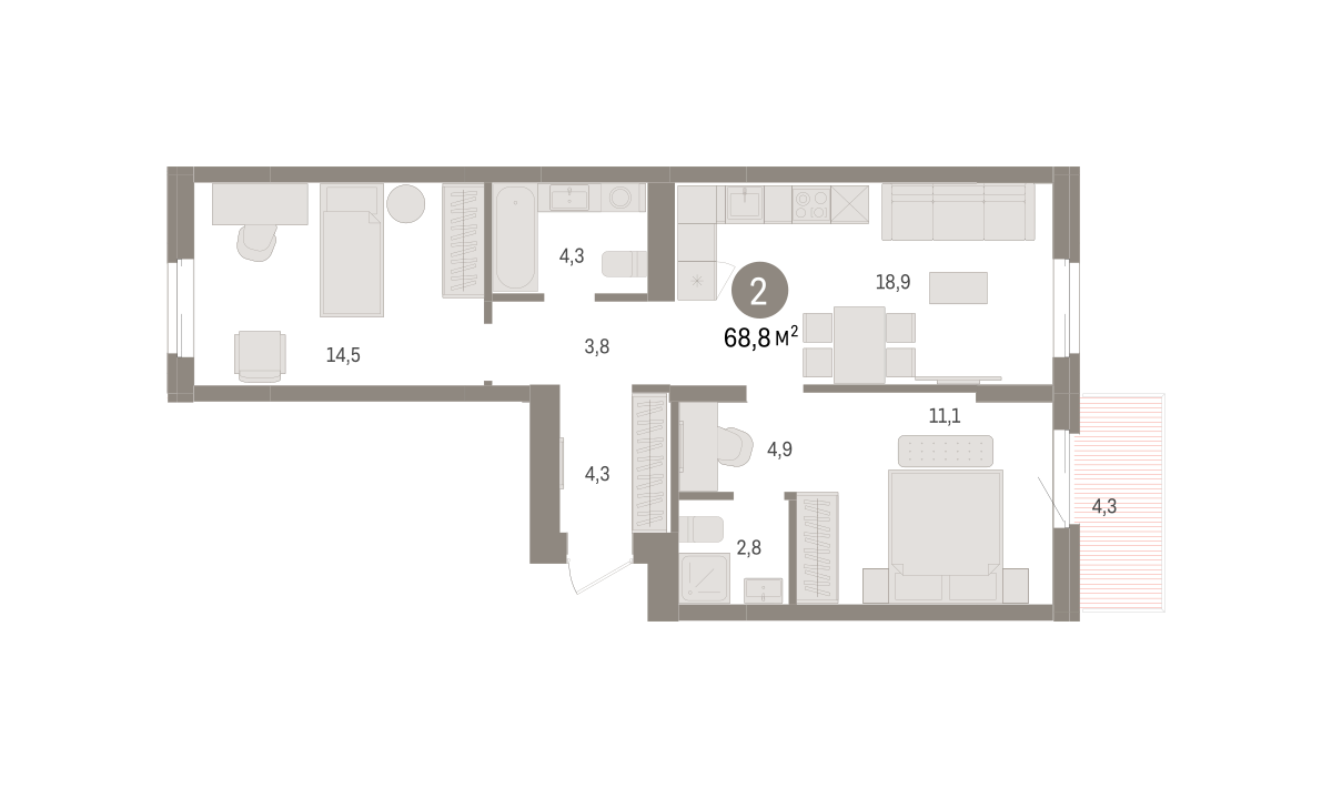 2-комнатная квартира, 68.8 кв.м, кварталы «Драверта»