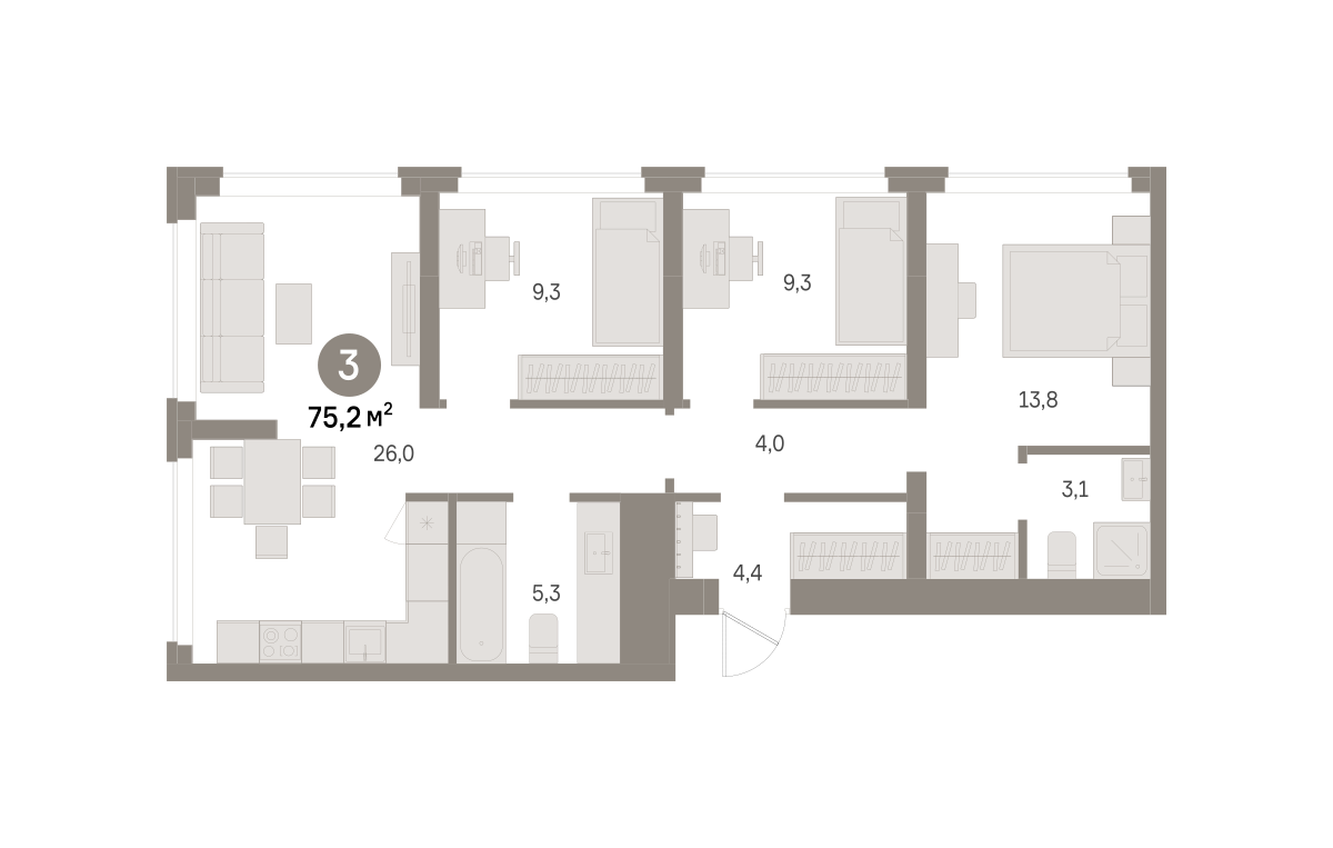 3 комн. Квартира 75.2 кв. м