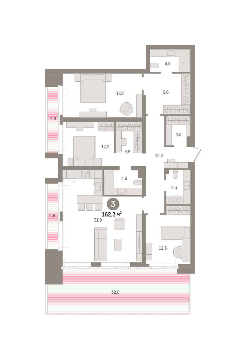 3 комн. Квартира 162.3 кв. м