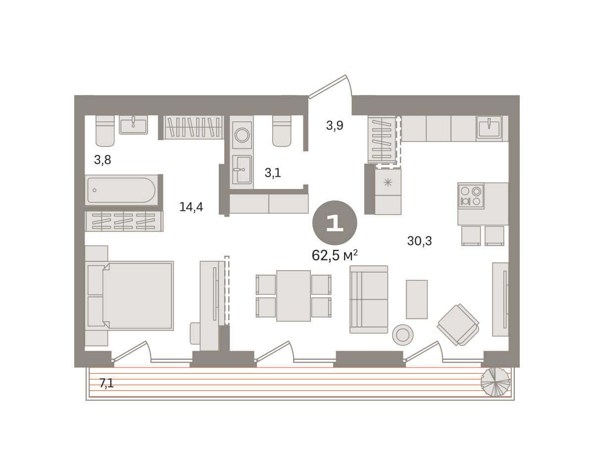 1 комн. Квартира 62.5 кв. м
