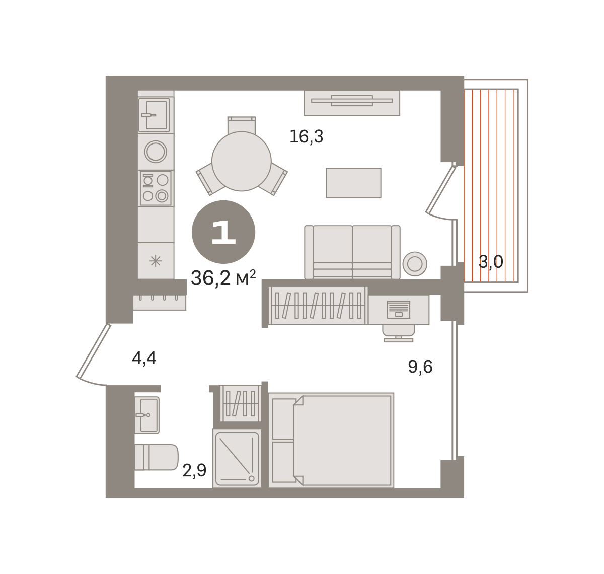 1 комн. Квартира 36.2 кв. м