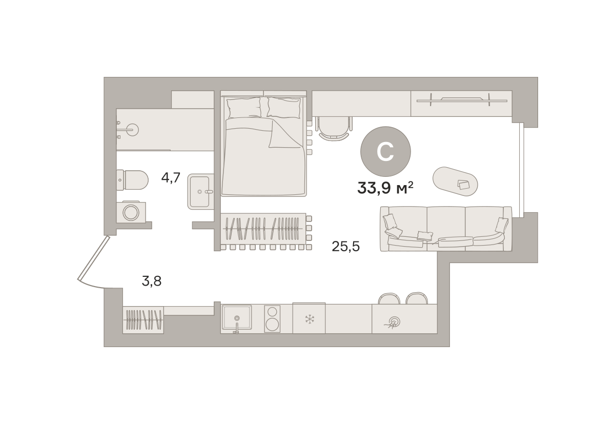 Квартира 33.9 кв. м