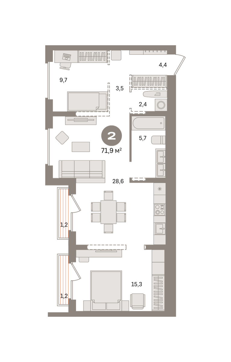 2 комн. Квартира 71.9 кв. м