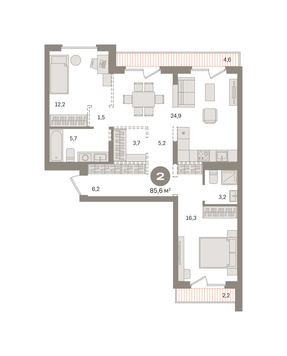 2 комн. Квартира 85.6 кв. м