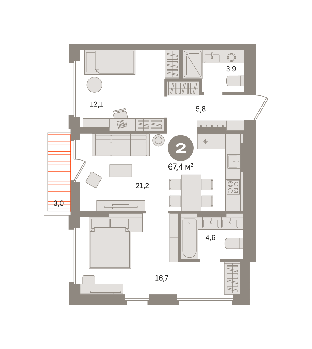2 комн. Квартира 67.4 кв. м