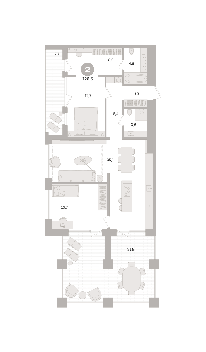 2 комн. Квартира 126.6 кв. м