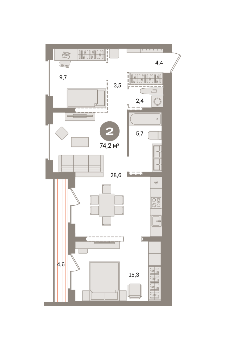 2 комн. Квартира 74.2 кв. м