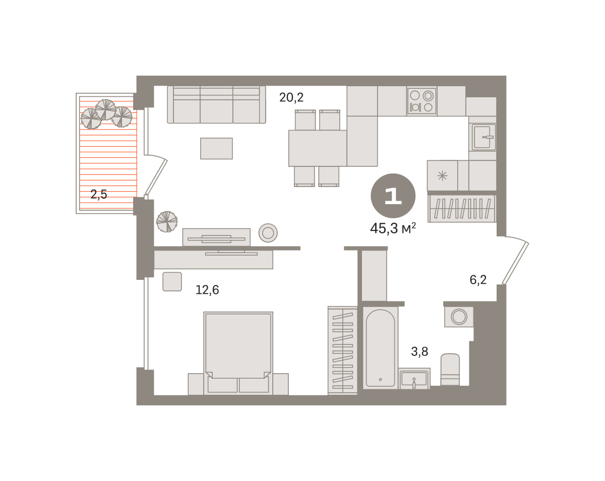 1 комн. Квартира 45.3 кв. м
