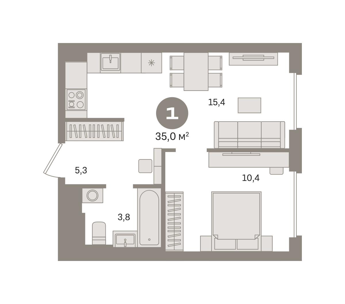 1 комн. Квартира 35 кв. м
