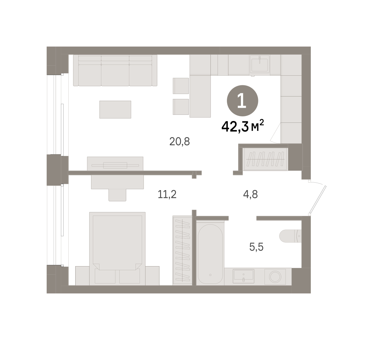 1 комн. Квартира 42.3 кв. м