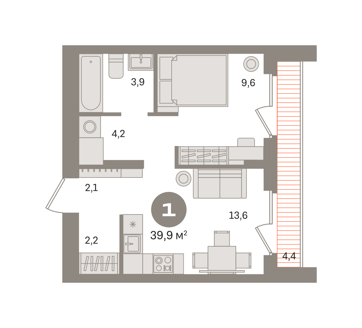 1 комн. Квартира 39.9 кв. м