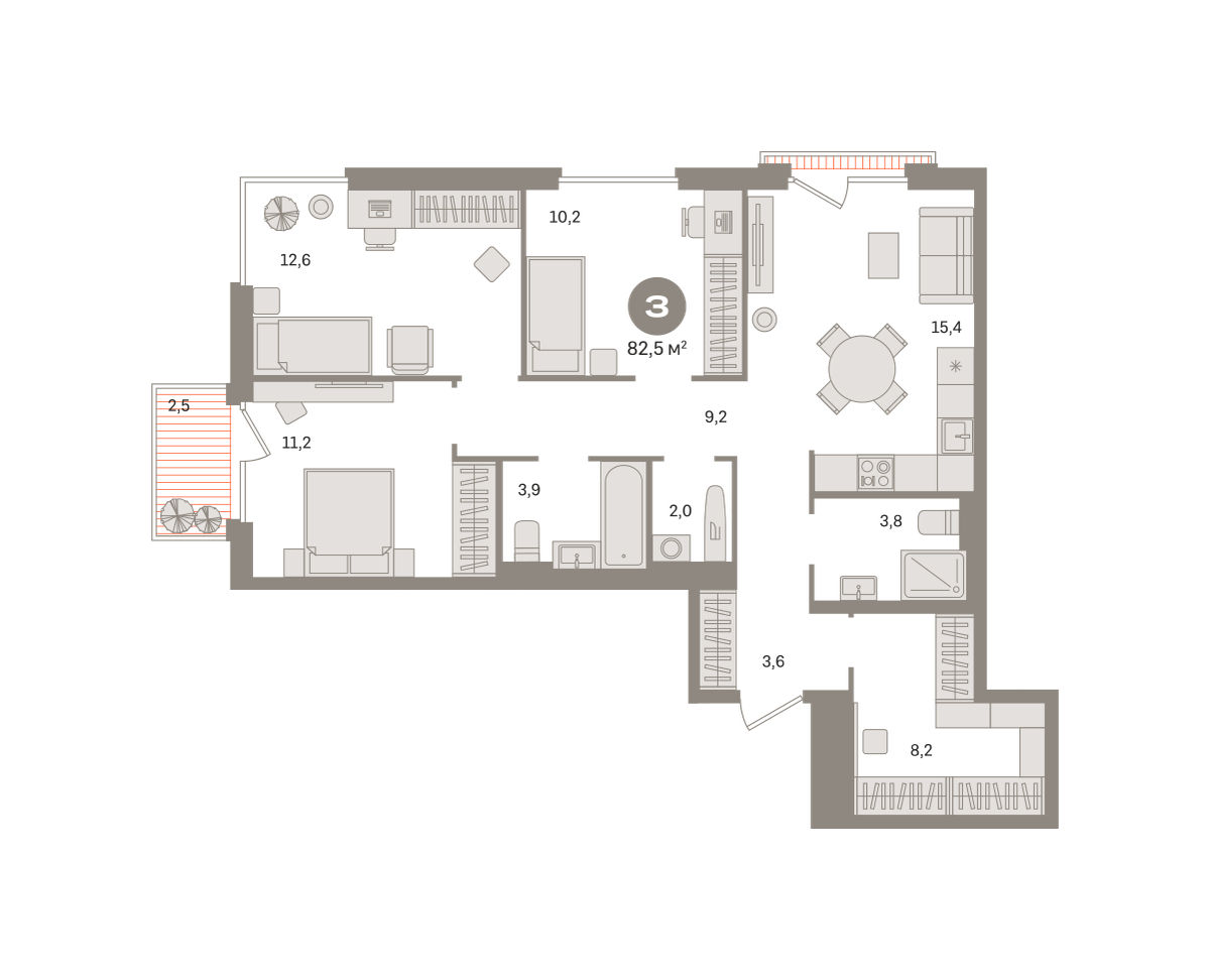 3 комн. Квартира 82.5 кв. м
