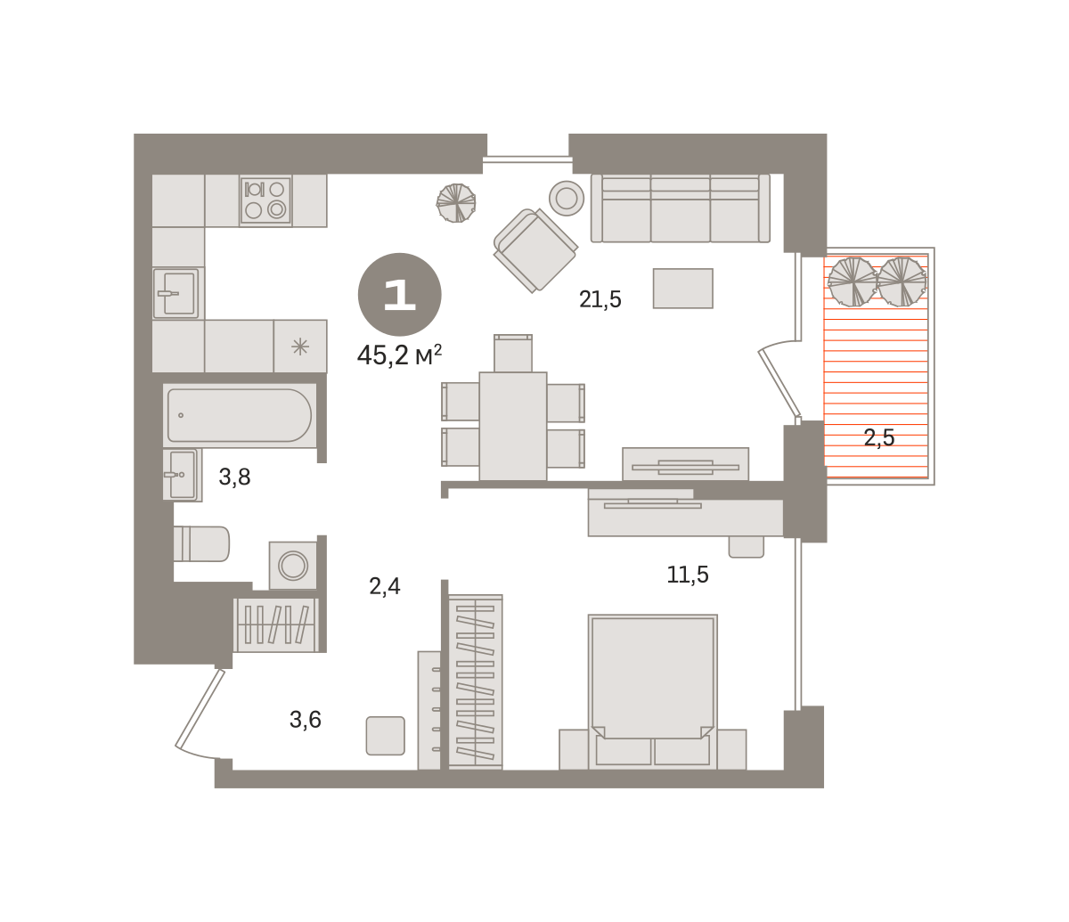 1 комн. Квартира 45.2 кв. м