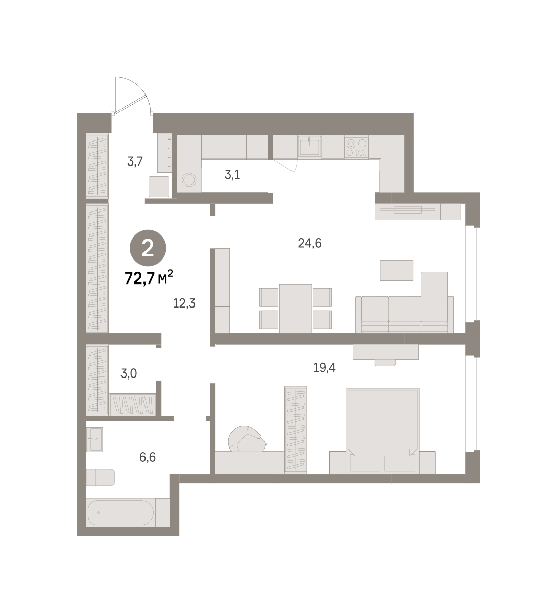2 комн. Квартира 72.7 кв. м