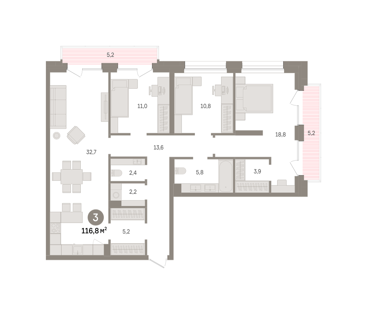 3 комн. Квартира 116.8 кв. м