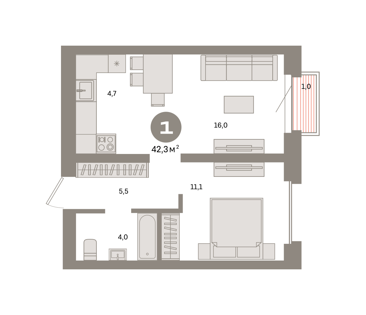 1 комн. Квартира 42.3 кв. м