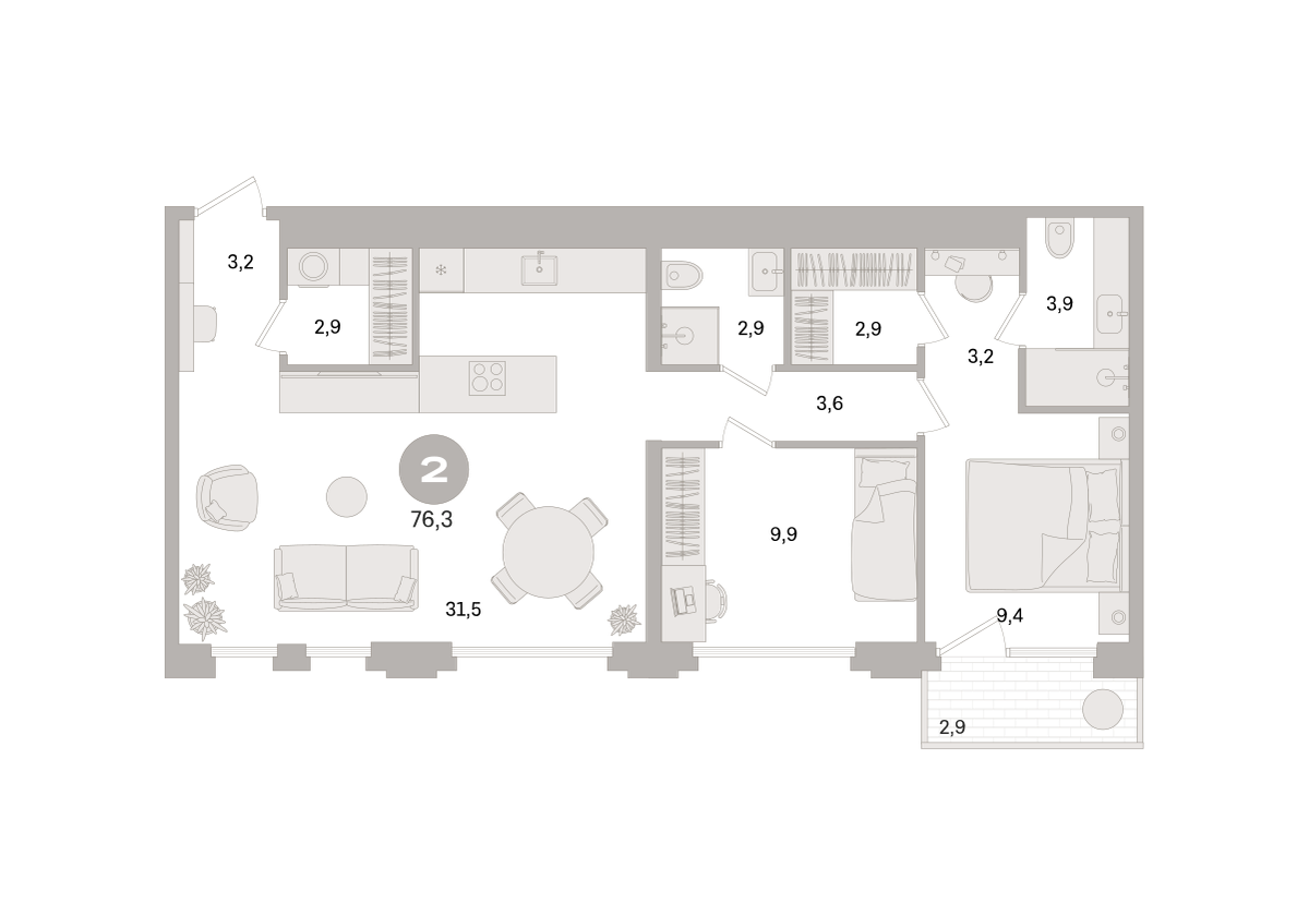 2 комн. Квартира 76.3 кв. м
