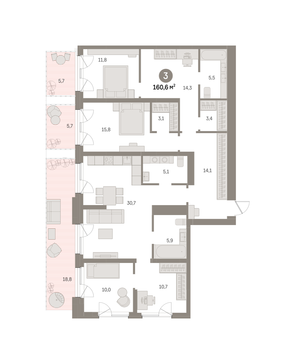 3 комн. Квартира 160.6 кв. м, Московская область Москва