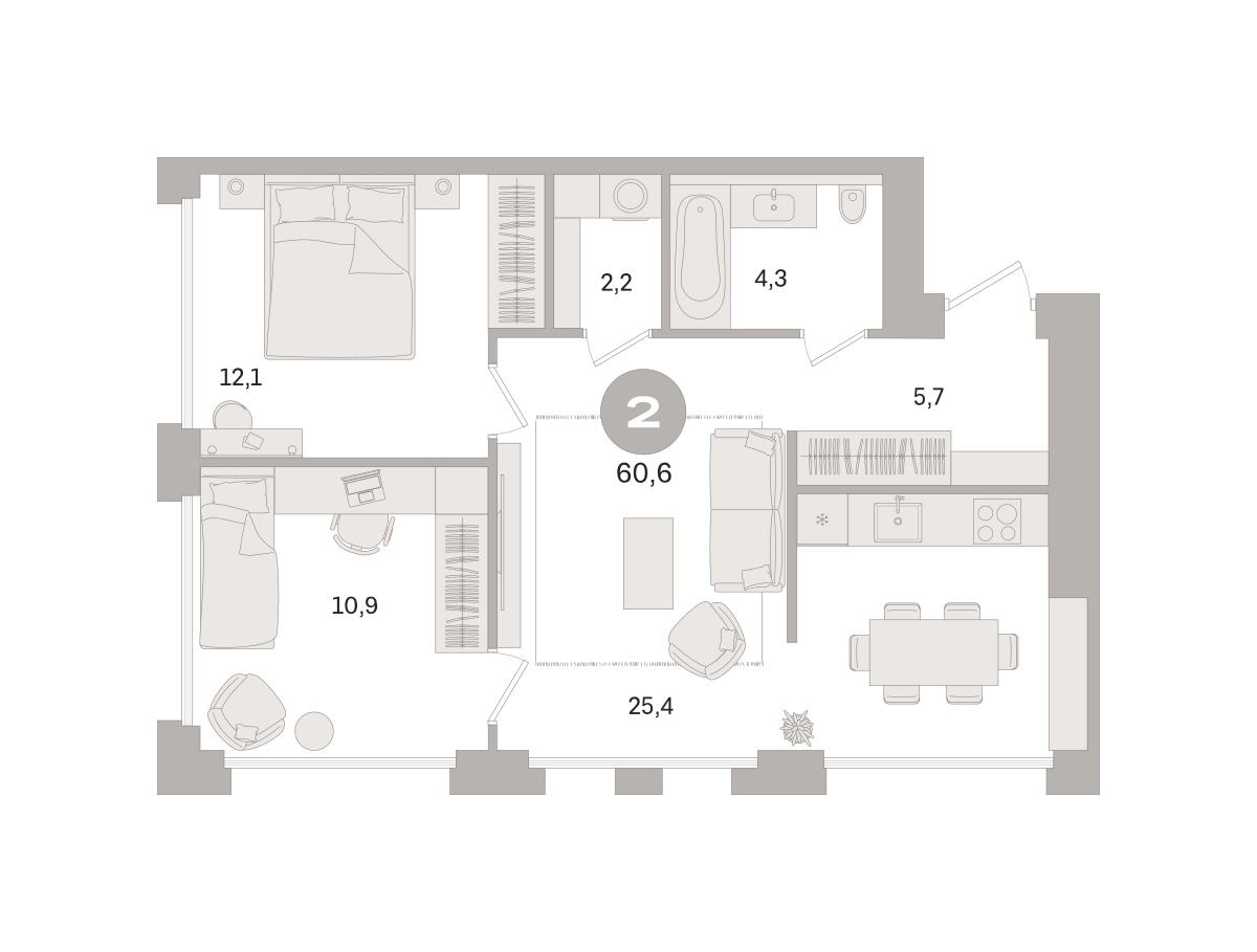 2 комн. Квартира 60.6 кв. м