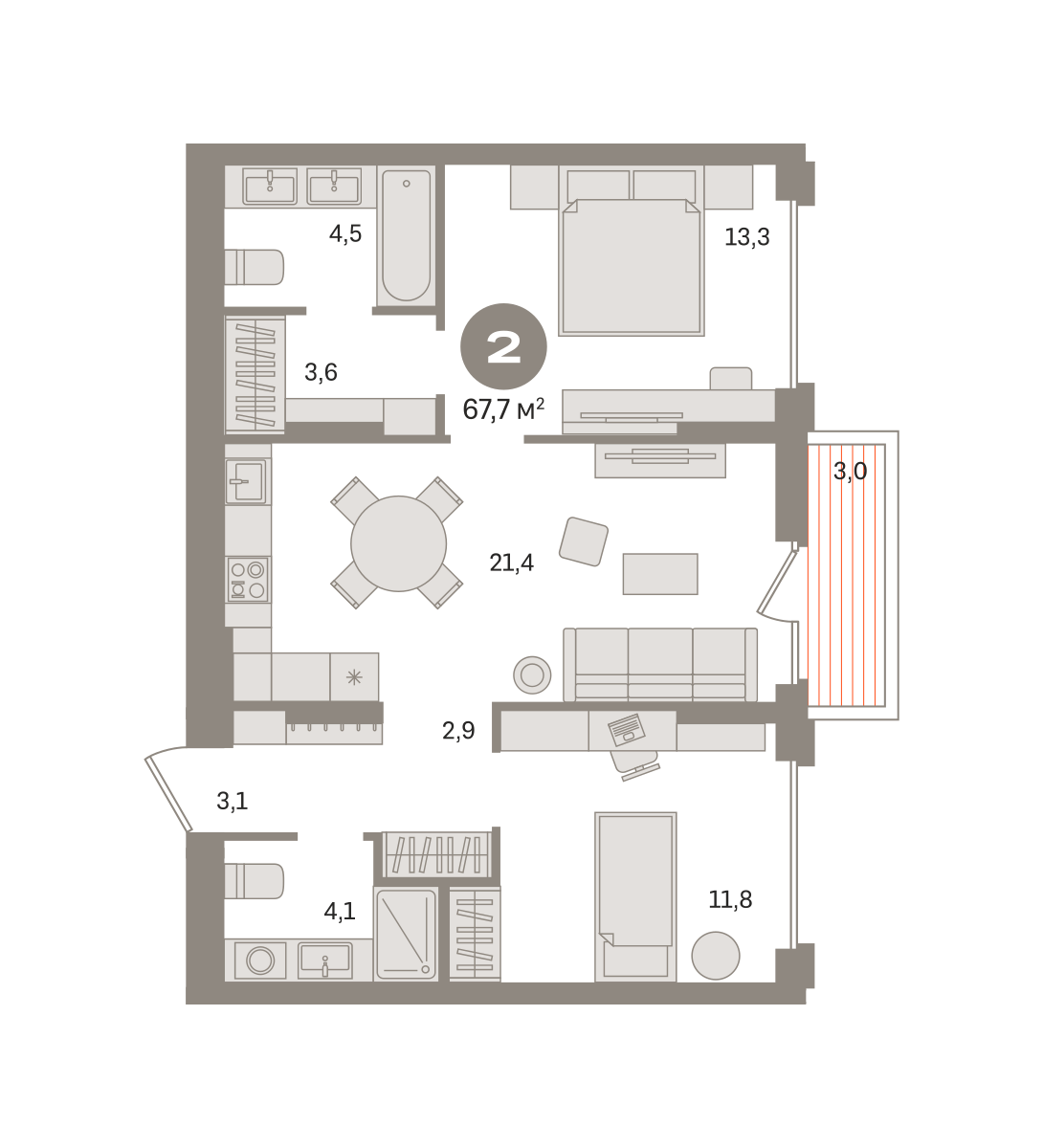 2 комн. Квартира 67.7 кв. м