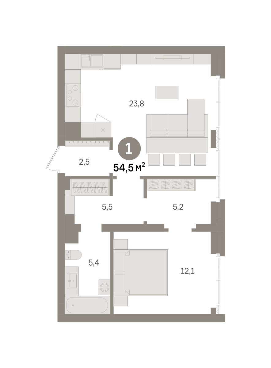 1 комн. Квартира 54.5 кв. м