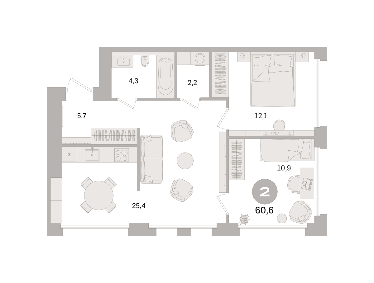 2 комн. Квартира 60.6 кв. м