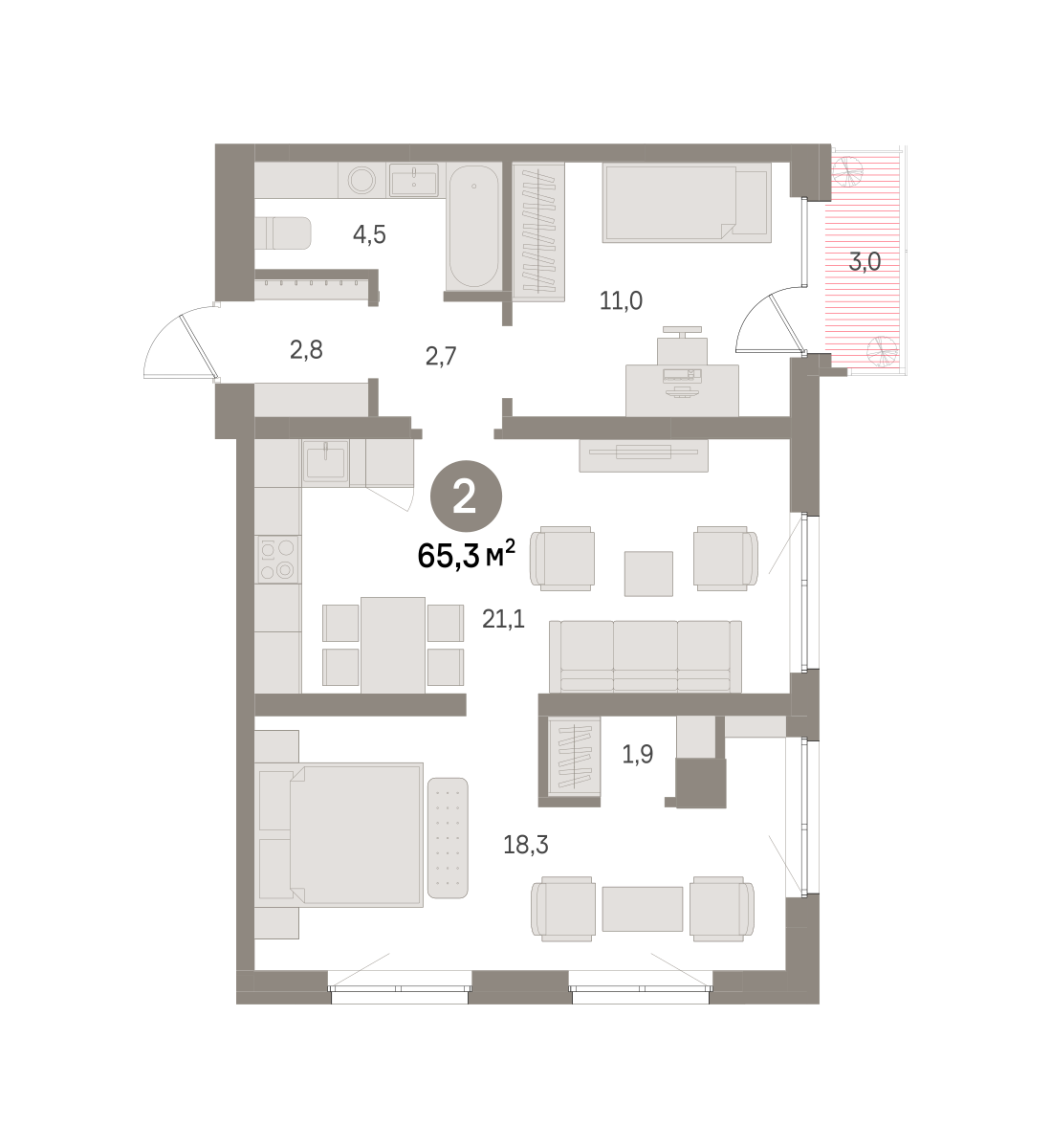 2 комн. Квартира 65.3 кв. м