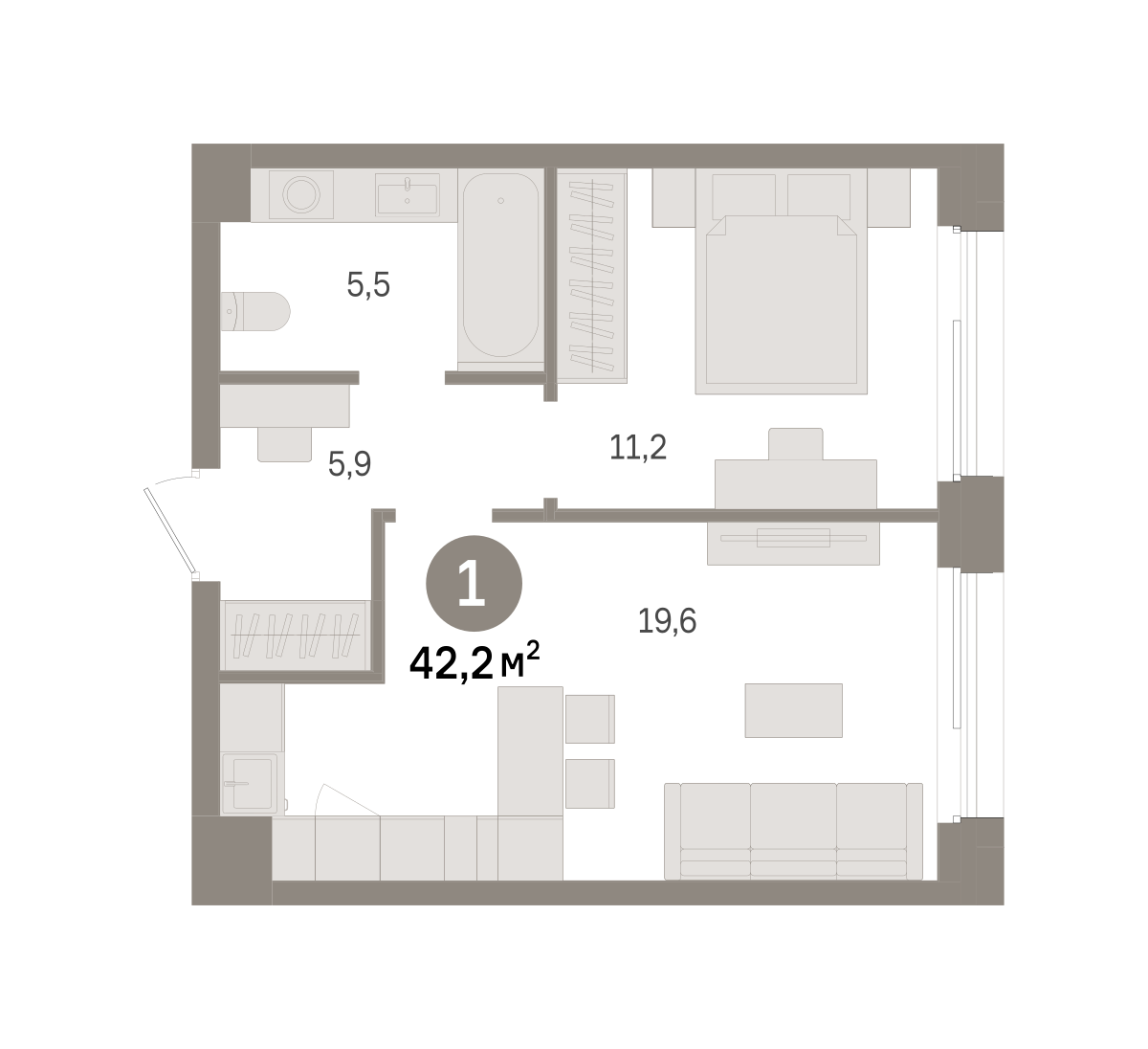 1 комн. Квартира 42.2 кв. м