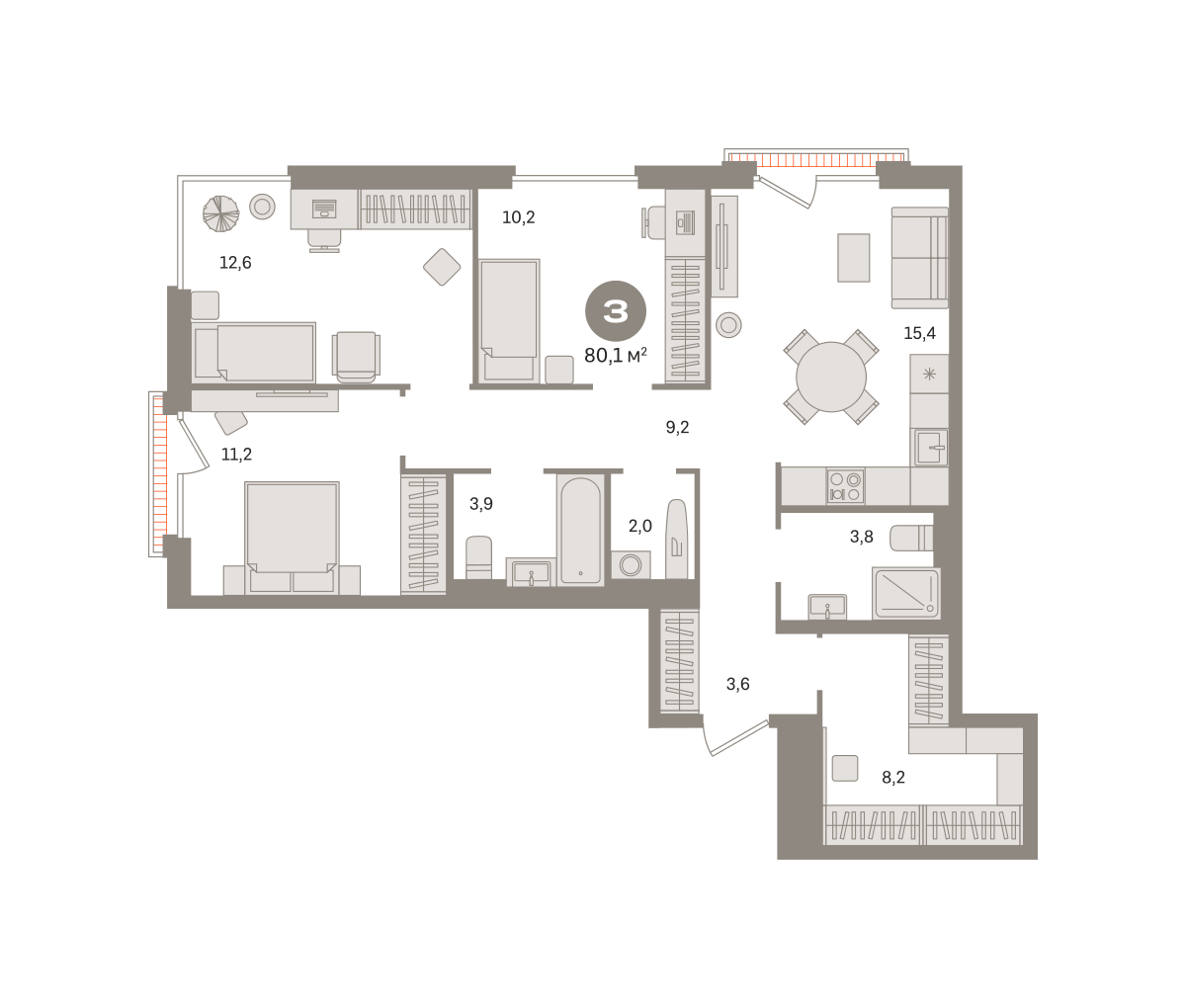 3 комн. Квартира 80.1 кв. м