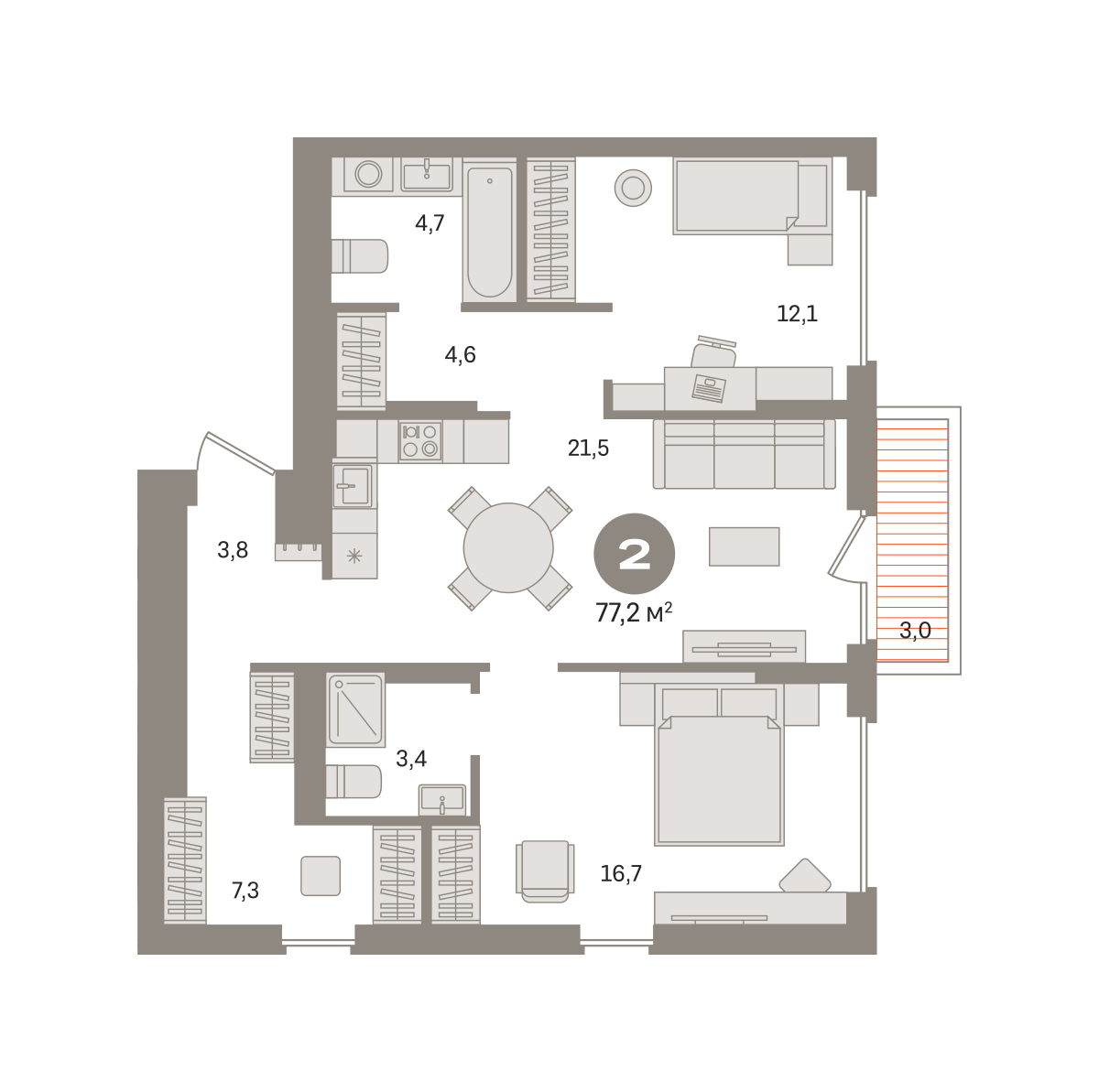 2 комн. Квартира 77.2 кв. м