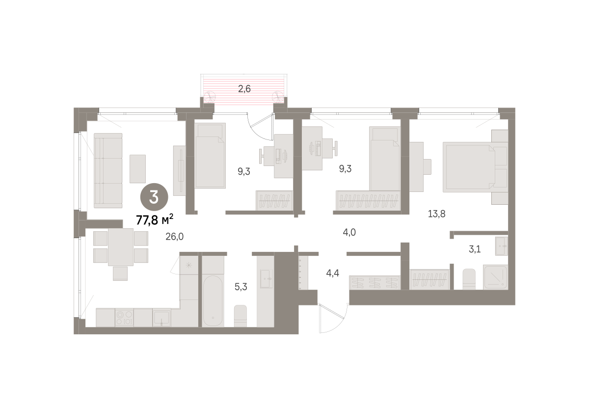 3 комн. Квартира 77.8 кв. м