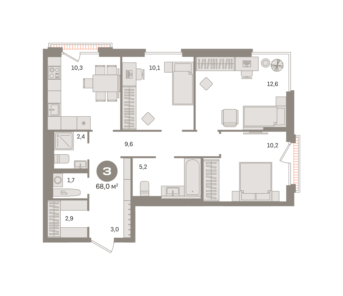 3 комн. Квартира 68 кв. м