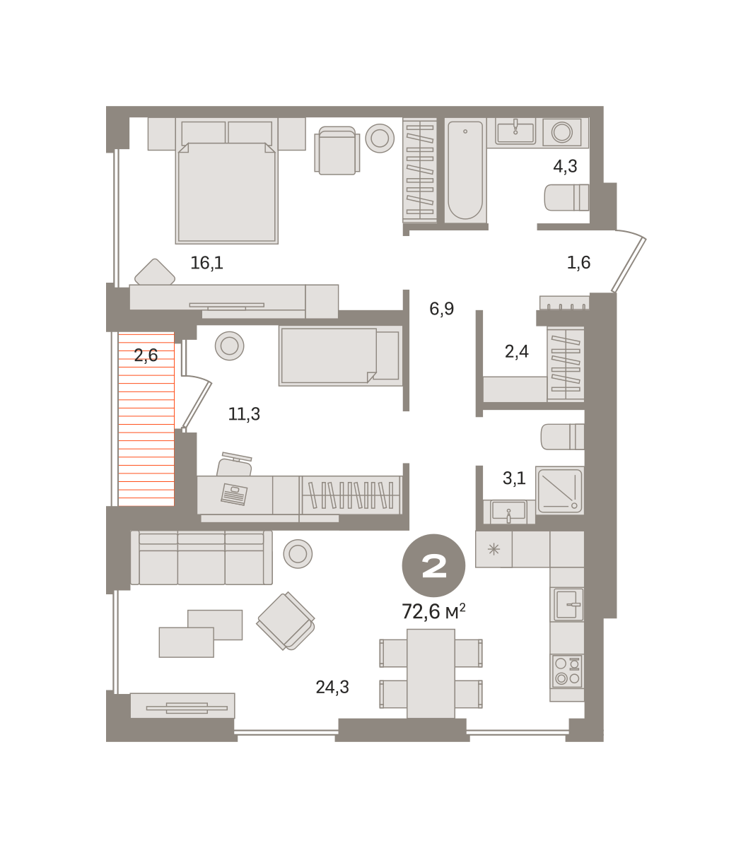 2 комн. Квартира 72.6 кв. м