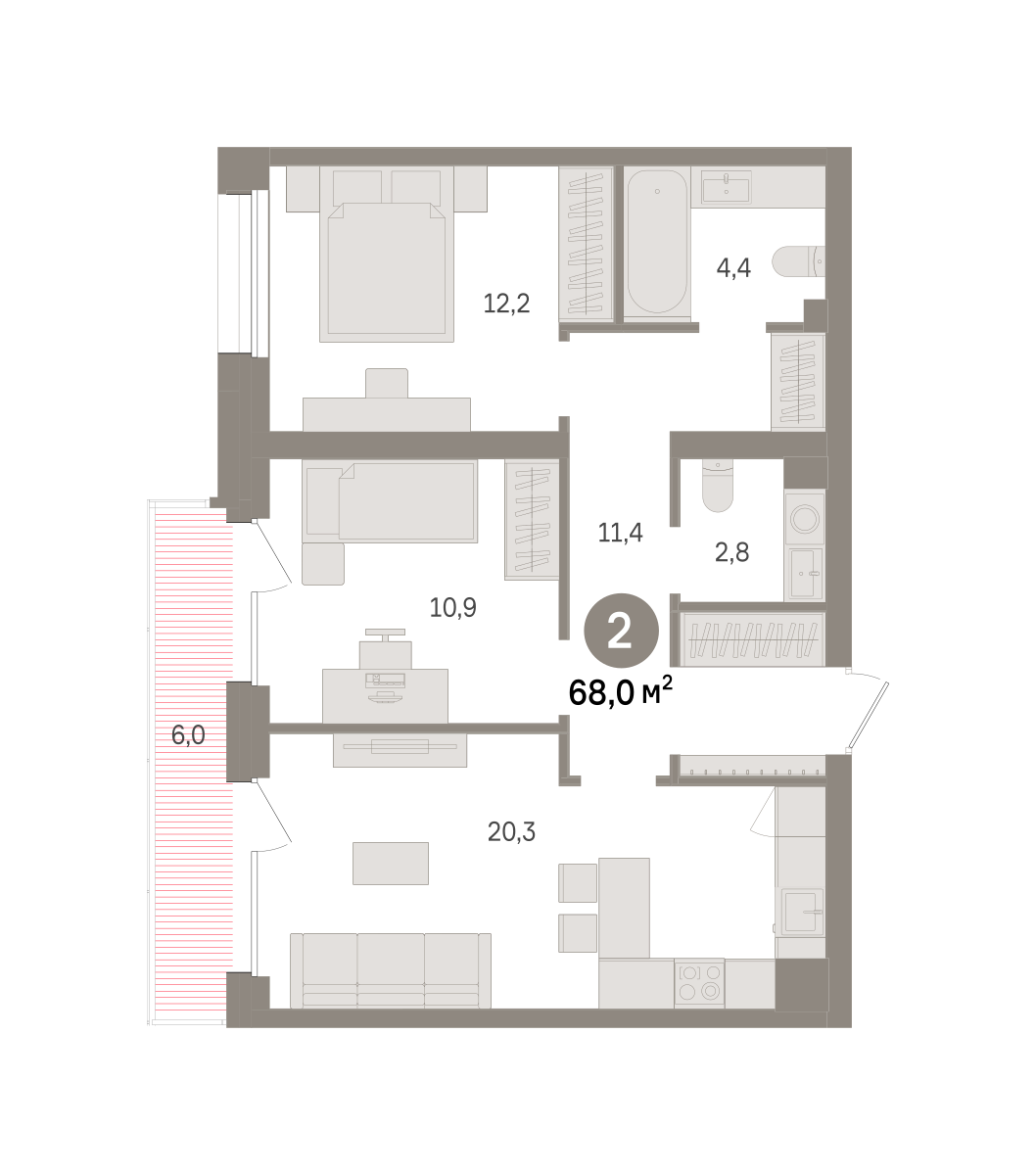 2 комн. Квартира 68 кв. м