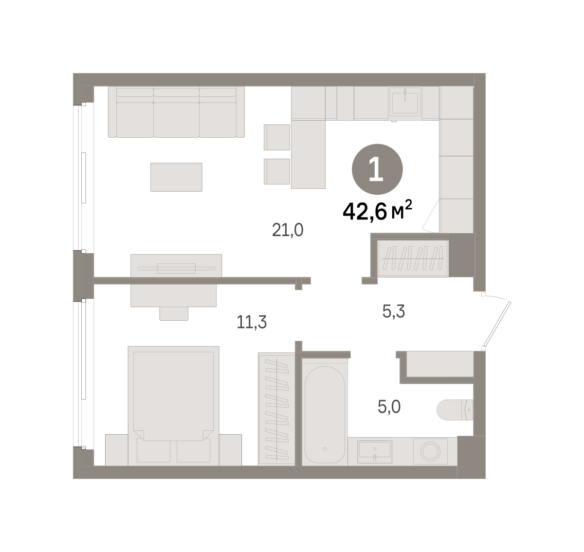 1 комн. Квартира 42.6 кв. м
