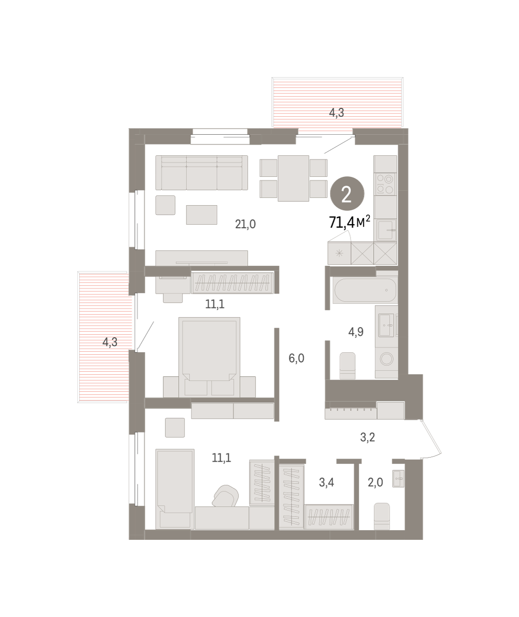 2-комнатная квартира, 71.37 кв.м, кварталы «Драверта»