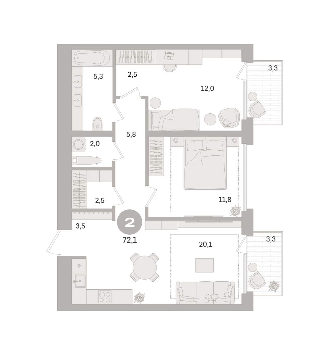 2 комн. Квартира 72.1 кв. м