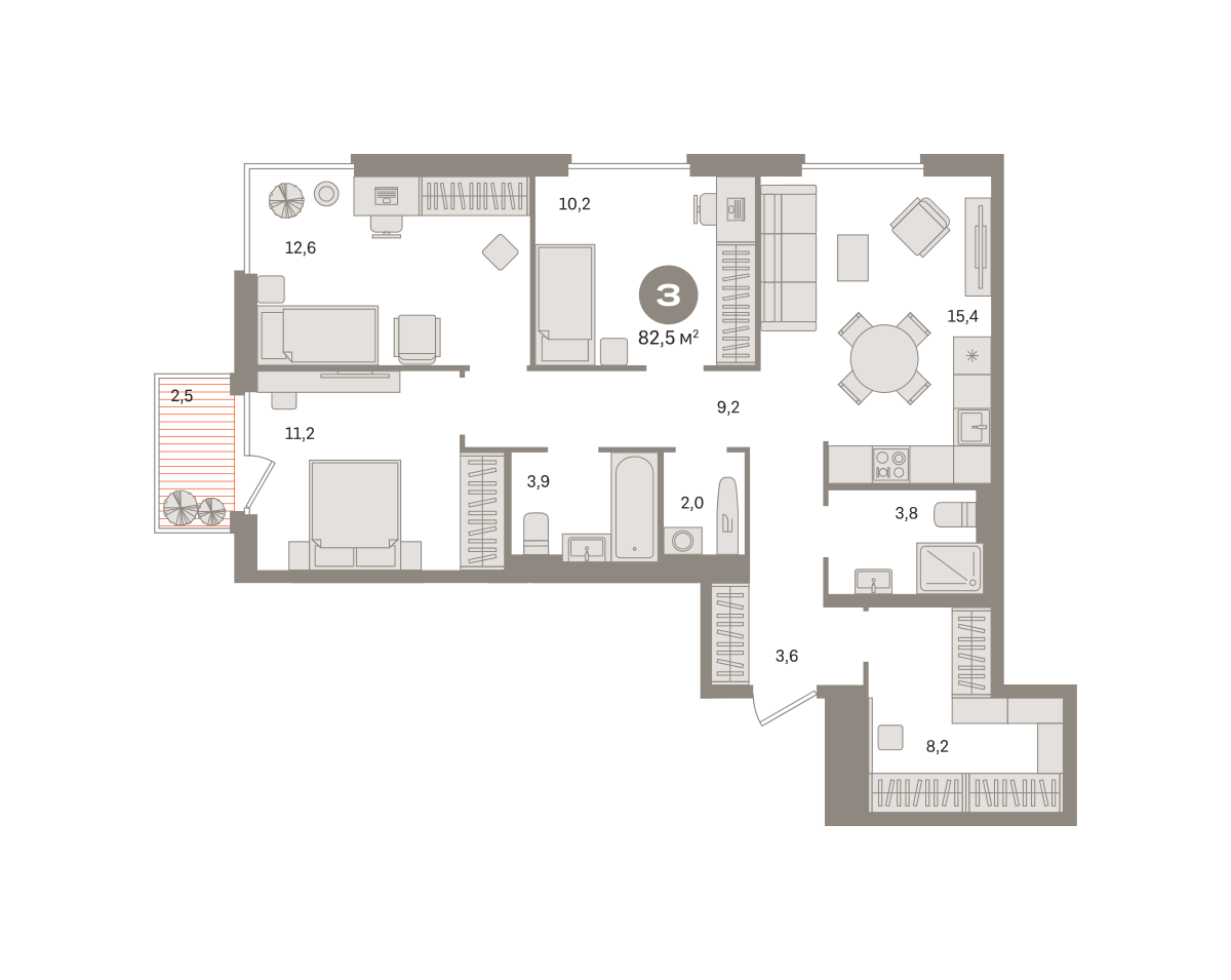 3 комн. Квартира 82.5 кв. м