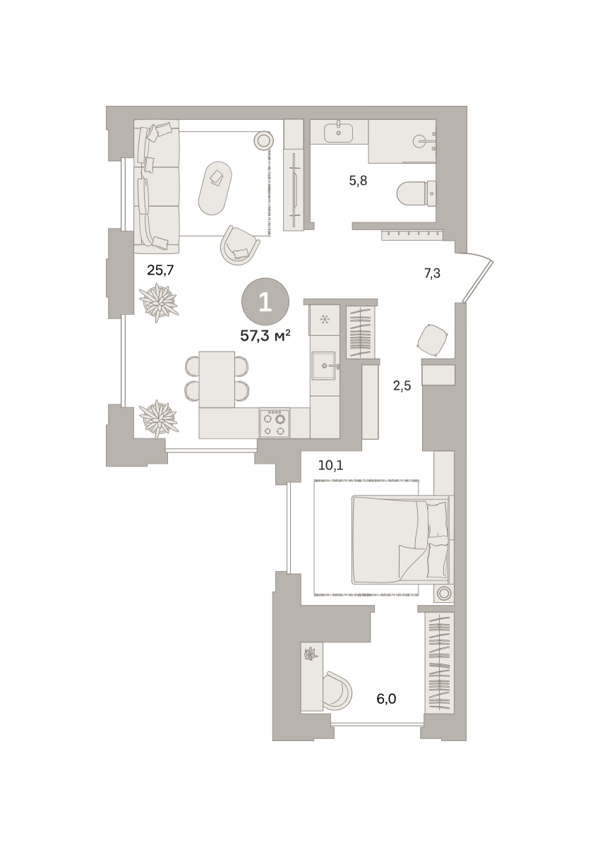 1 комн. Квартира 57.3 кв. м