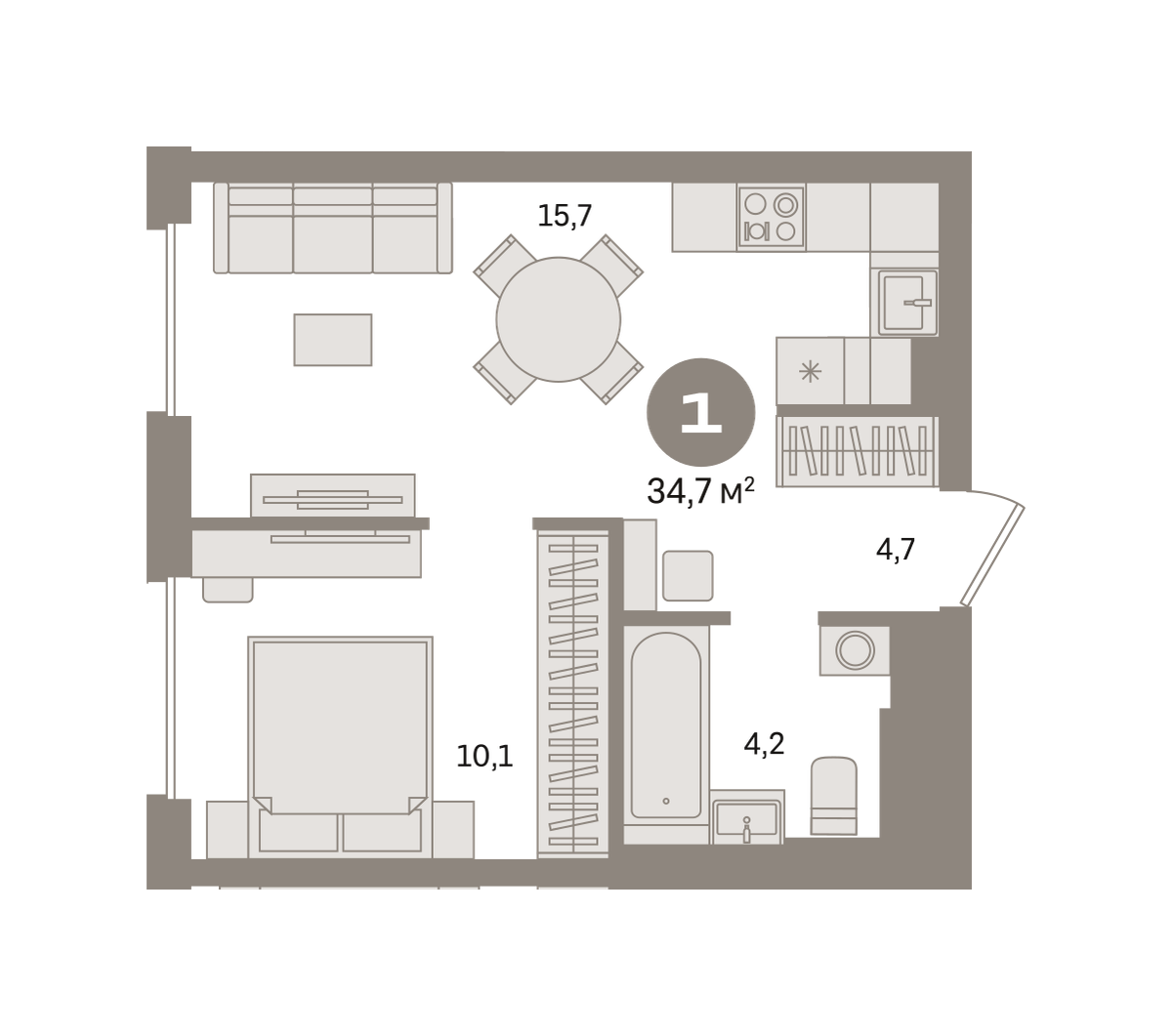 1 комн. Квартира 34.7 кв. м