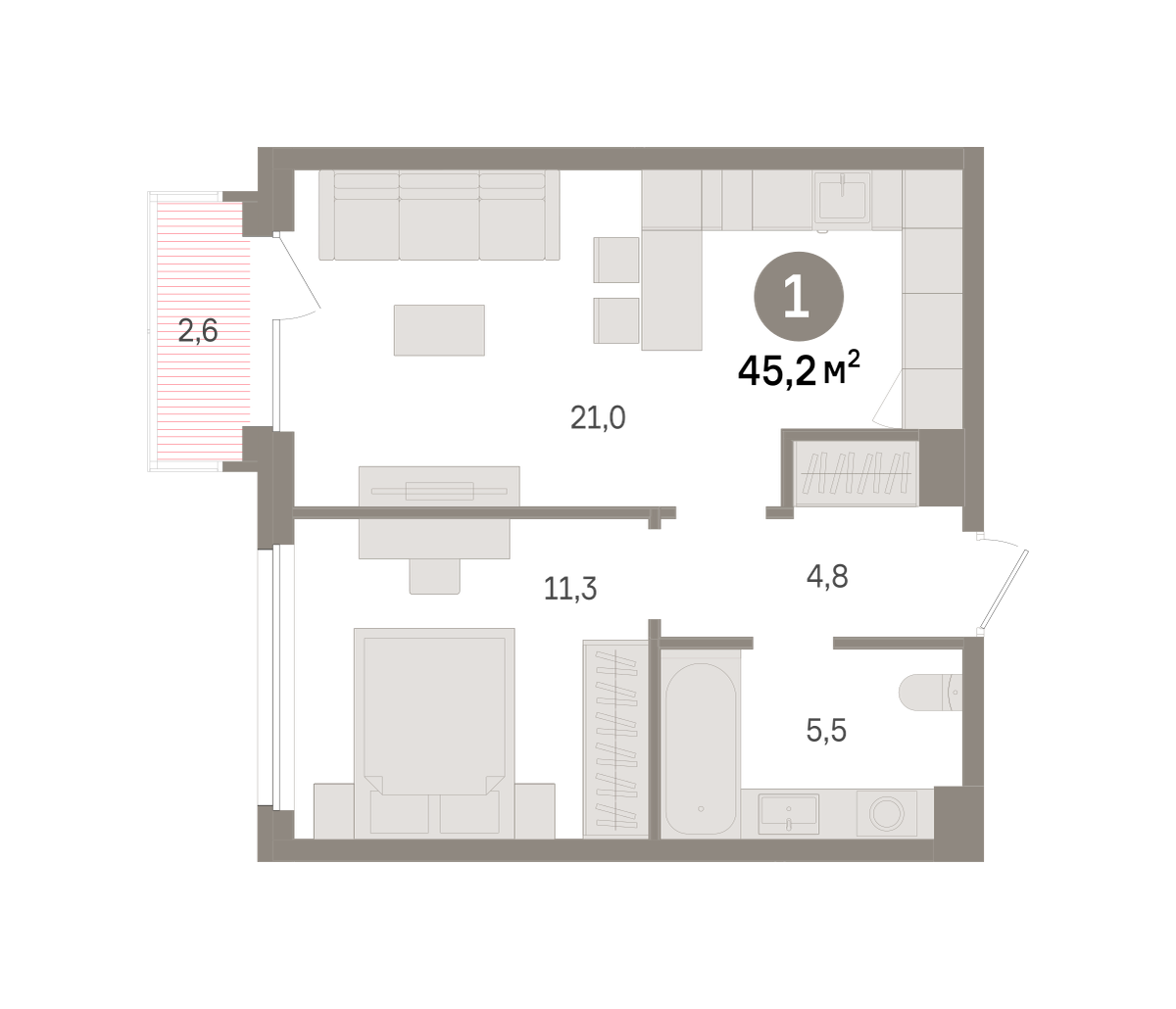1 комн. Квартира 45.2 кв. м