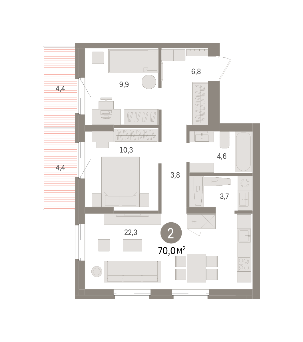 2-комнатная квартира, 70.01 кв.м, кварталы «Драверта»