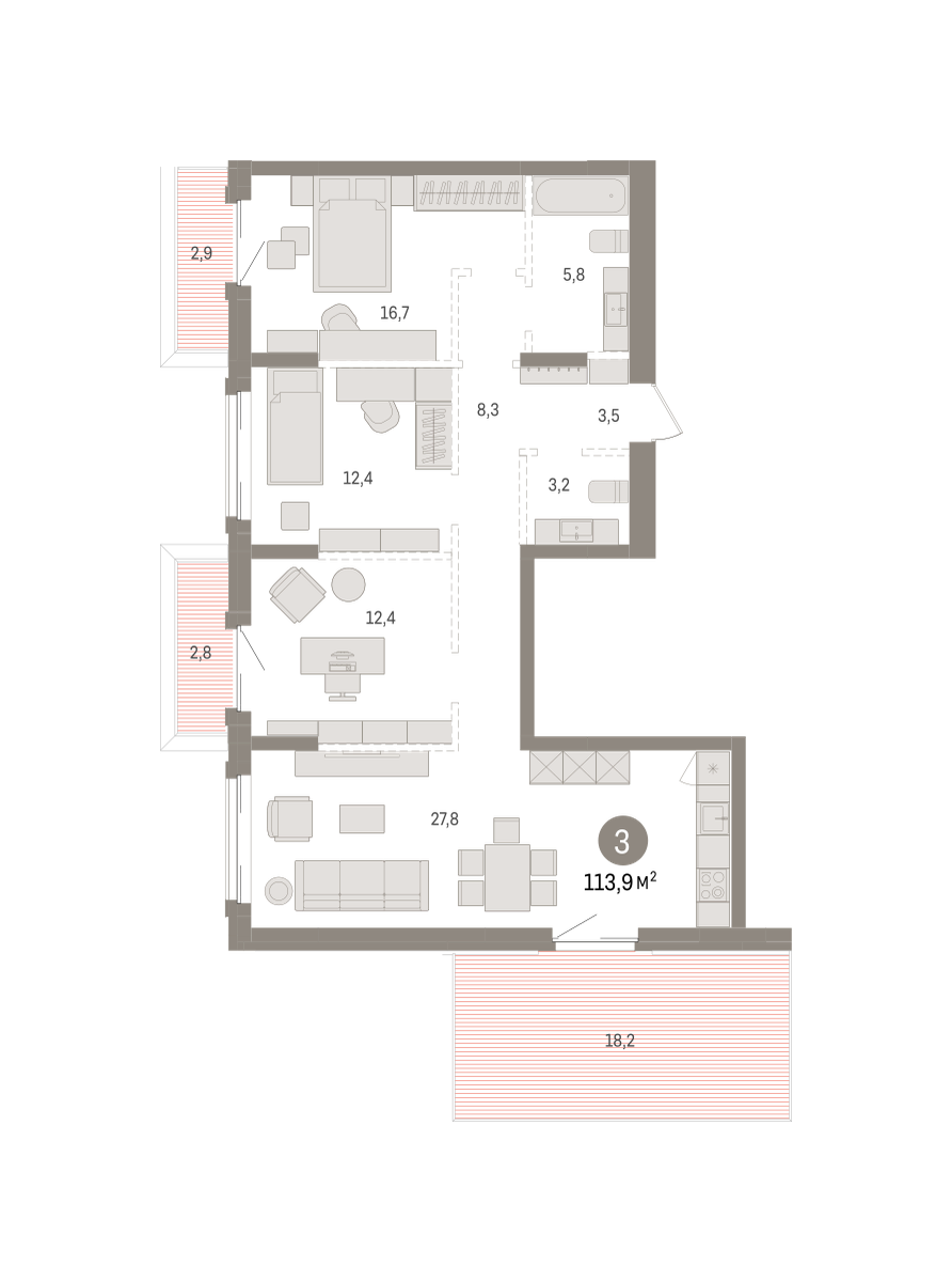 3-комнатная квартира, 113.93 кв.м, кварталы «Драверта»
