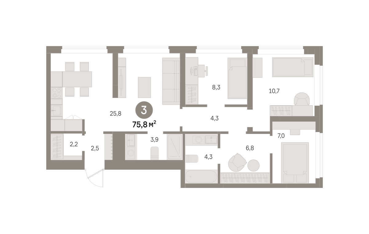 3 комн. Квартира 75.8 кв. м