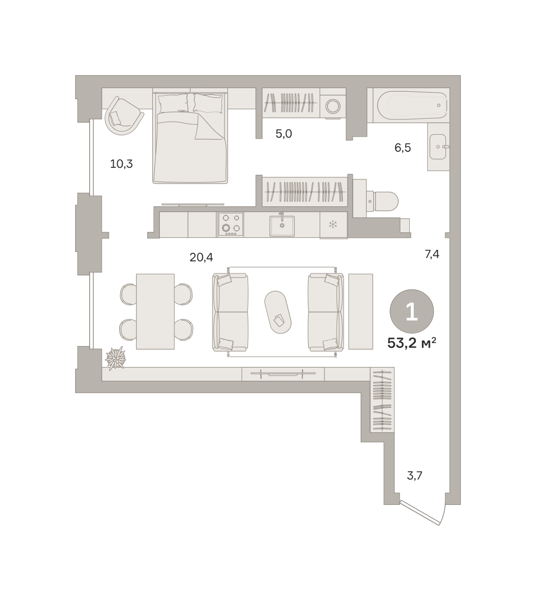 1 комн. Квартира 53.2 кв. м