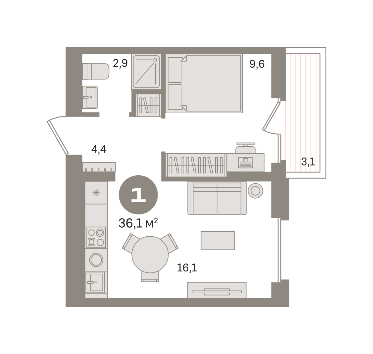 1 комн. Квартира 36 кв. м