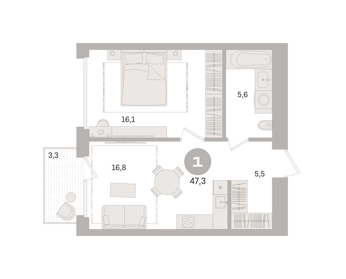 1 комн. Квартира 47.3 кв. м