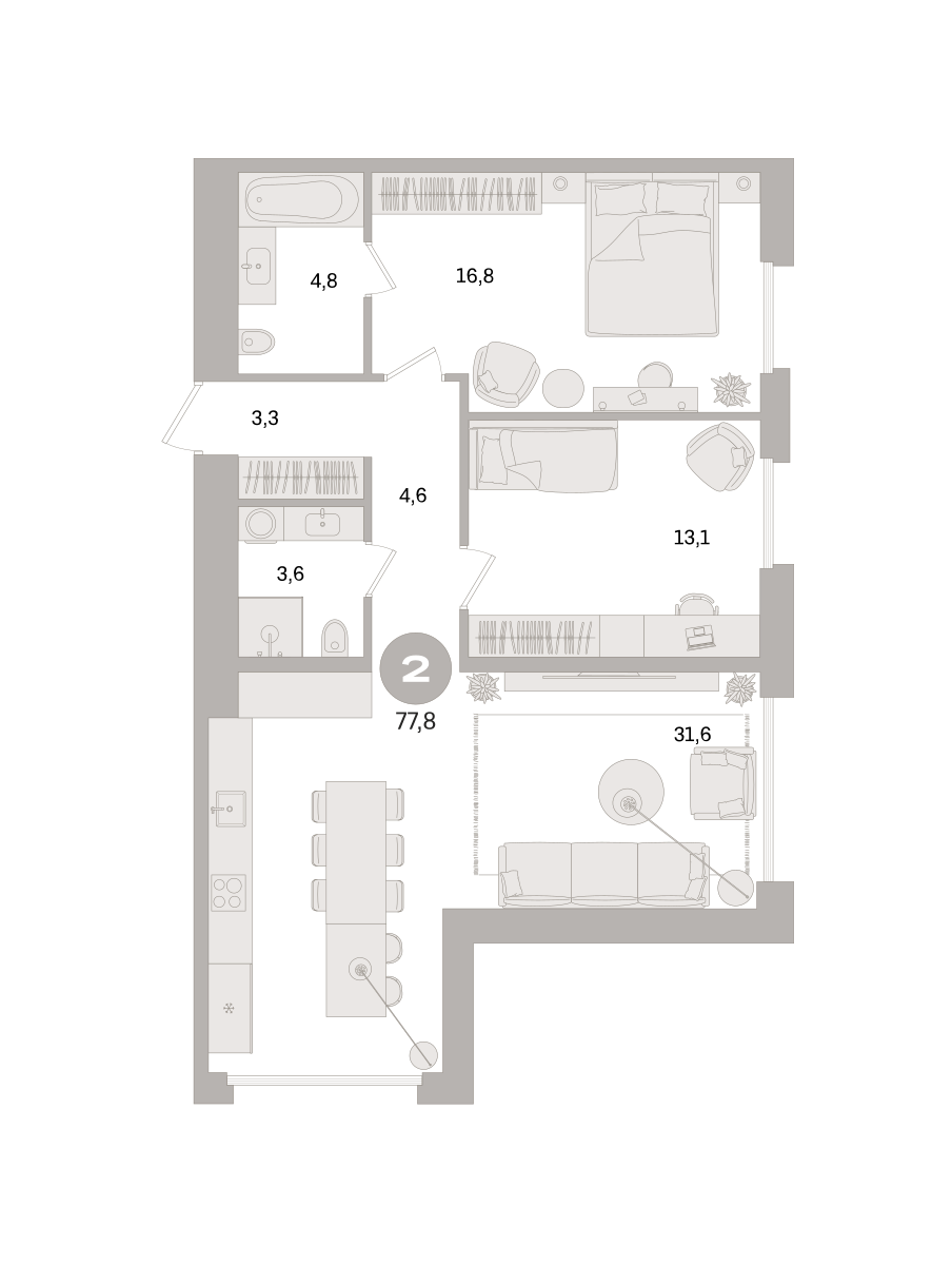 2 комн. Квартира 77.8 кв. м