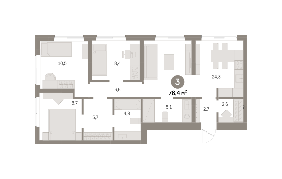 3 комн. Квартира 76.4 кв. м